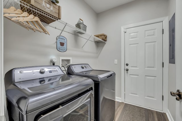 washroom with dark wood-type flooring, electric panel, and washing machine and clothes dryer