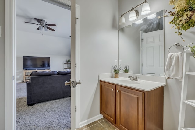 bathroom with vanity, tile patterned floors, and ceiling fan