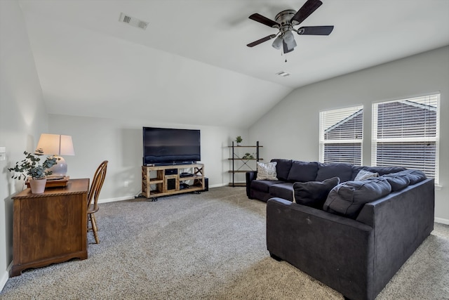 living room with ceiling fan, carpet, and vaulted ceiling