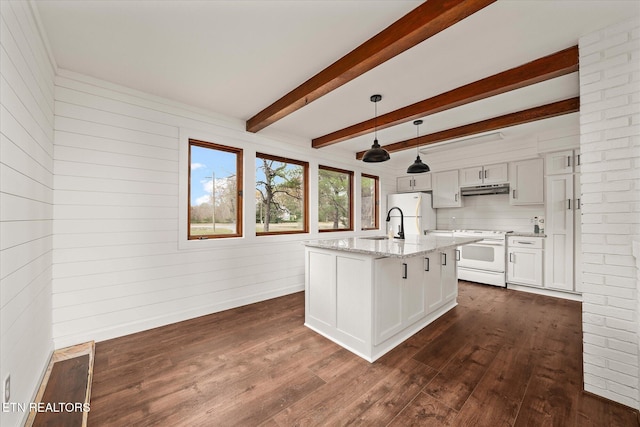 kitchen with dark hardwood / wood-style flooring, white cabinetry, decorative light fixtures, and white appliances