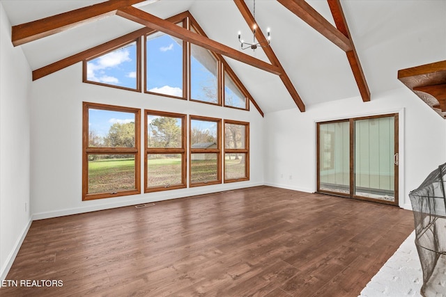 unfurnished living room with a notable chandelier, high vaulted ceiling, beamed ceiling, and hardwood / wood-style floors