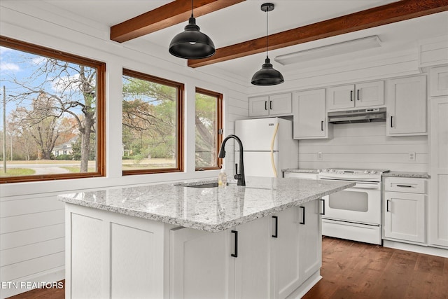 kitchen with beam ceiling, light stone countertops, pendant lighting, white cabinetry, and white appliances