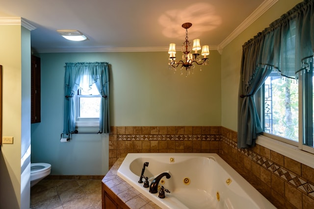 bathroom with toilet, an inviting chandelier, ornamental molding, and tiled tub