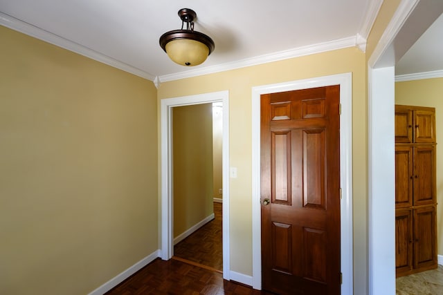 hallway with crown molding and dark parquet floors