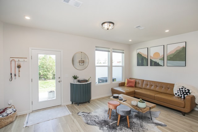 living room with light wood-type flooring and plenty of natural light