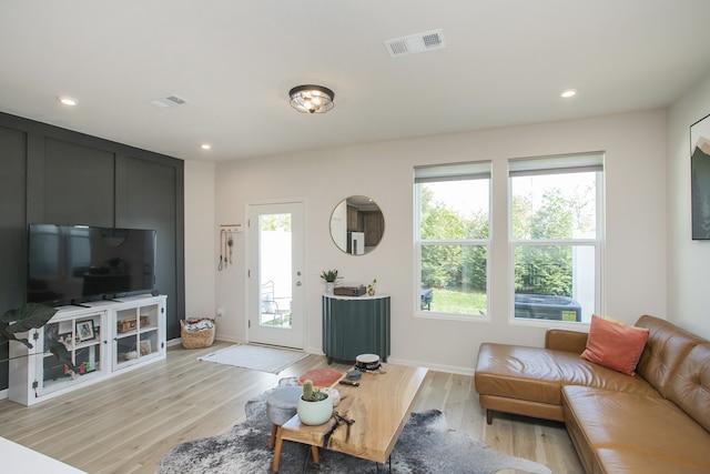 living room with light hardwood / wood-style floors and a healthy amount of sunlight