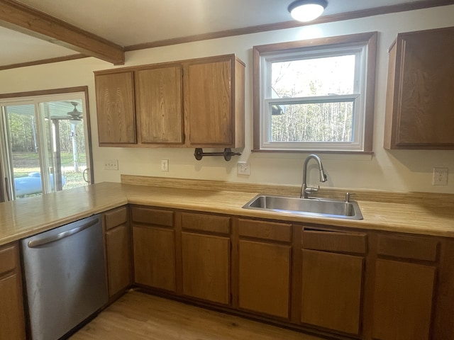 kitchen featuring a wealth of natural light, light hardwood / wood-style floors, sink, and dishwasher