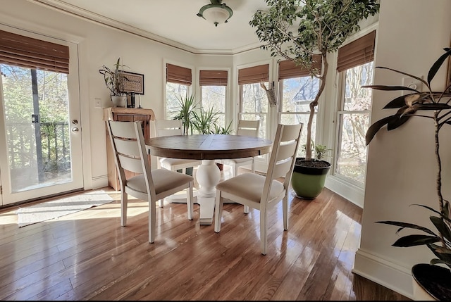 dining space with ornamental molding, a wealth of natural light, and hardwood / wood-style floors