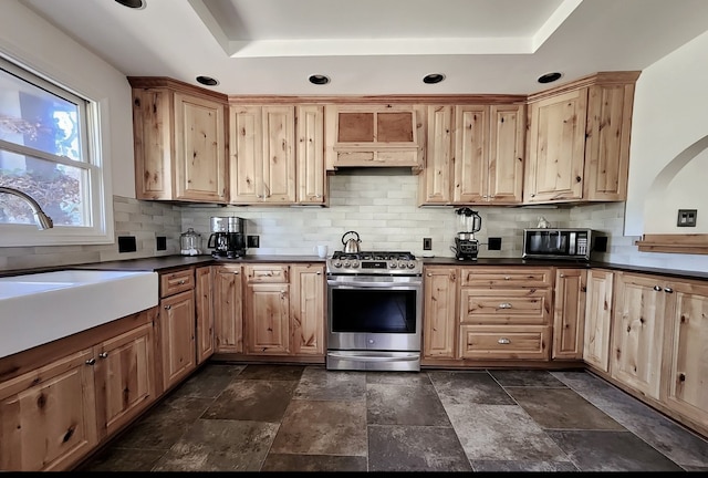 kitchen with a raised ceiling, decorative backsplash, and stainless steel range