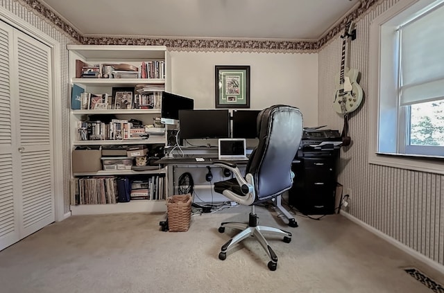 home office with carpet flooring