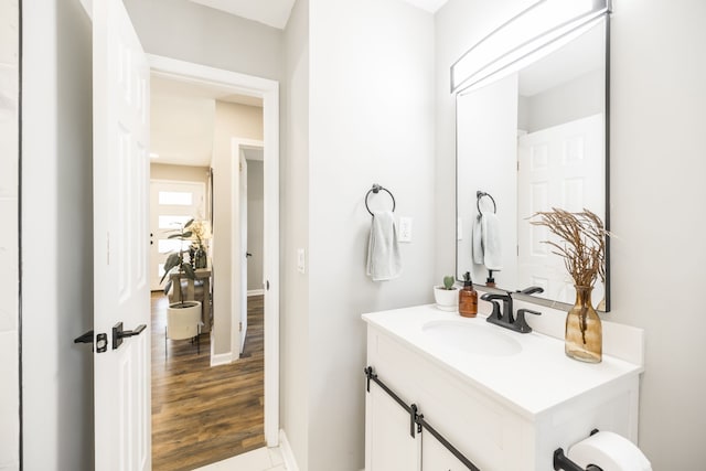 bathroom with vanity and wood-type flooring