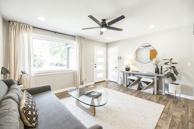 living room with ceiling fan and dark hardwood / wood-style floors