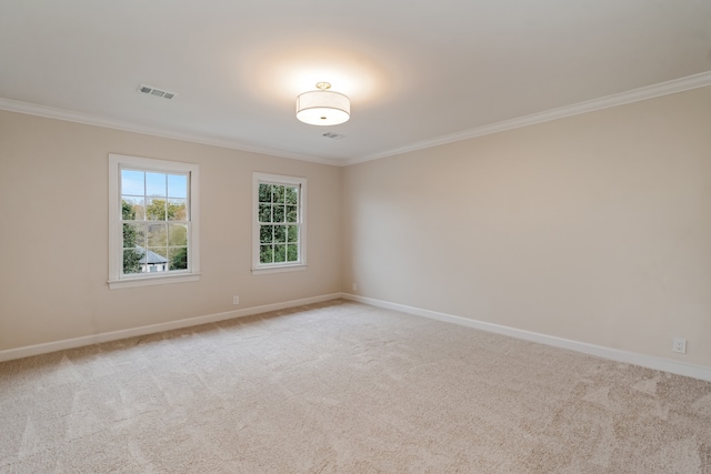 empty room with light carpet and crown molding