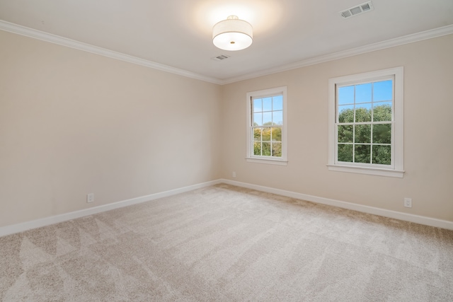 carpeted spare room with ornamental molding