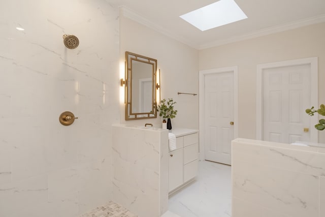 bathroom featuring crown molding, tiled shower, and a skylight