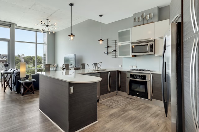 kitchen featuring dark brown cabinets, hanging light fixtures, white cabinetry, hardwood / wood-style floors, and stainless steel appliances