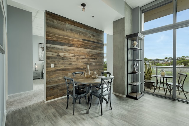 dining room with wooden walls, hardwood / wood-style flooring, and a healthy amount of sunlight