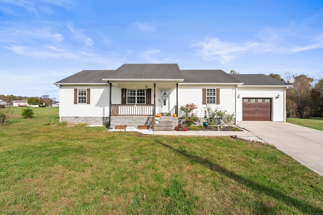 single story home featuring a front lawn, a garage, and a porch