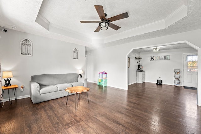 living room with dark hardwood / wood-style flooring, a textured ceiling, and a raised ceiling