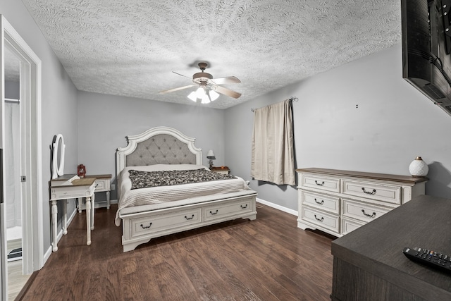 bedroom featuring a textured ceiling, ceiling fan, and dark hardwood / wood-style floors