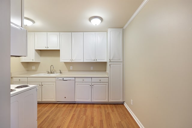 kitchen with light hardwood / wood-style floors, sink, crown molding, white cabinets, and white appliances