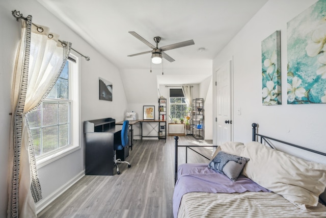 bedroom featuring multiple windows, baseboards, vaulted ceiling, and wood finished floors