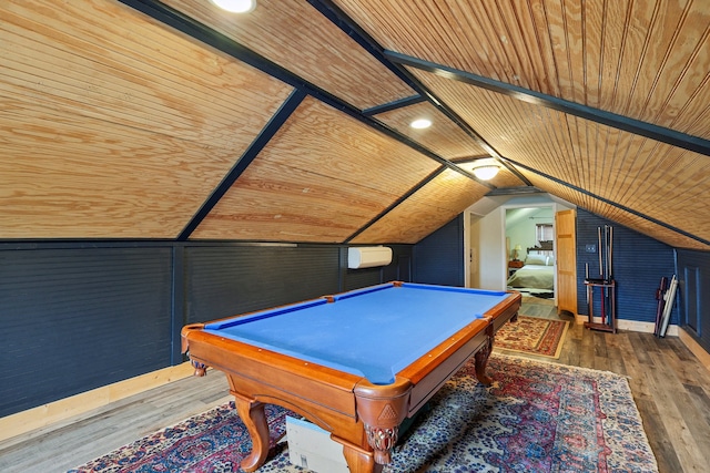 rec room with hardwood / wood-style flooring, wooden ceiling, and vaulted ceiling