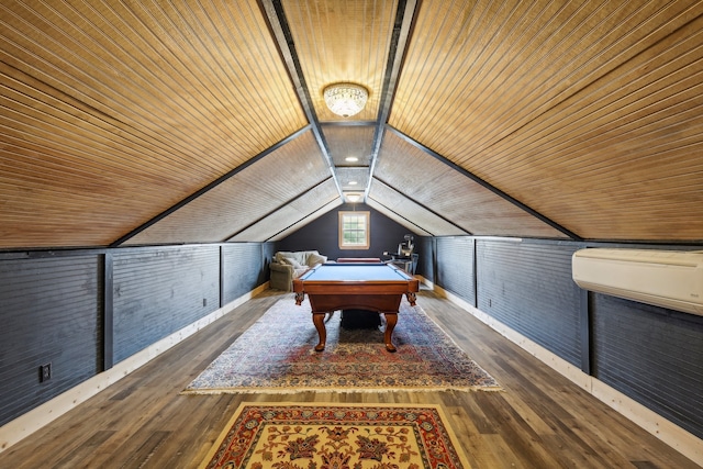 recreation room with lofted ceiling, dark wood-type flooring, billiards, and wooden ceiling