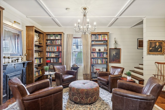 living area featuring an inviting chandelier, hardwood / wood-style flooring, wood walls, beamed ceiling, and coffered ceiling