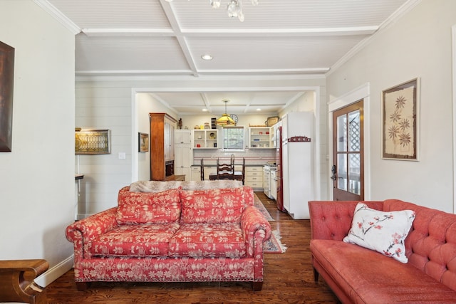 living room with coffered ceiling, crown molding, wood walls, and dark hardwood / wood-style floors