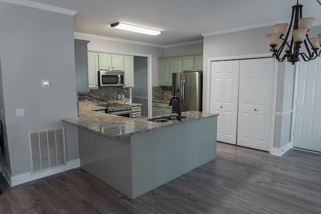 kitchen featuring sink, appliances with stainless steel finishes, kitchen peninsula, and dark hardwood / wood-style floors