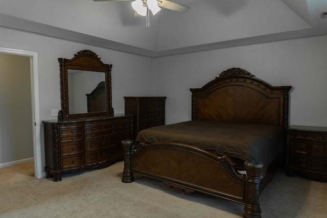 bedroom featuring light colored carpet and ceiling fan