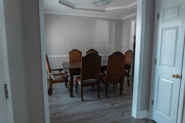 dining space with ornamental molding, hardwood / wood-style flooring, and a tray ceiling