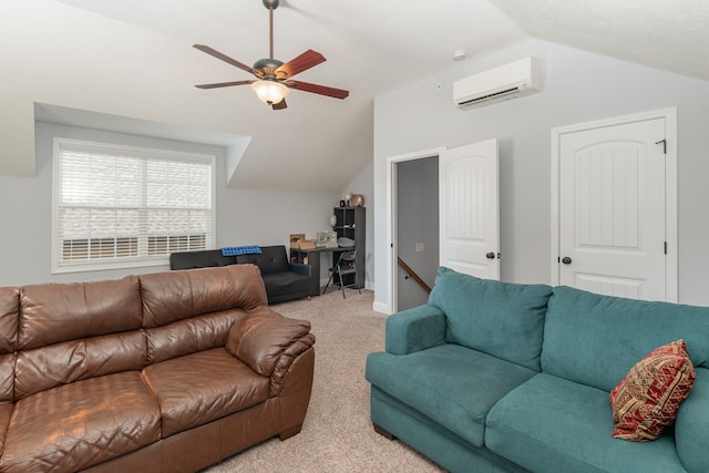 living room with light colored carpet, lofted ceiling, an AC wall unit, and ceiling fan