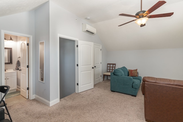 living area featuring an AC wall unit, lofted ceiling, light colored carpet, and ceiling fan