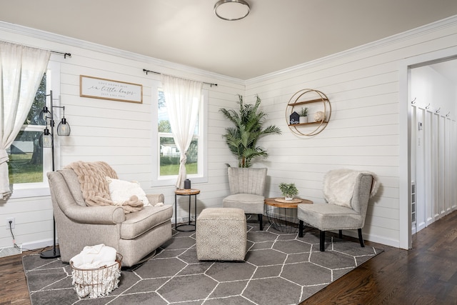 sitting room featuring wood walls and dark wood-type flooring