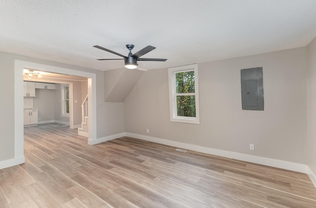 1828 S Main St, Columbia, TN 38401 - additional living space with electric panel, a ceiling fan, stairway, light wood-type flooring, and a textured ceiling