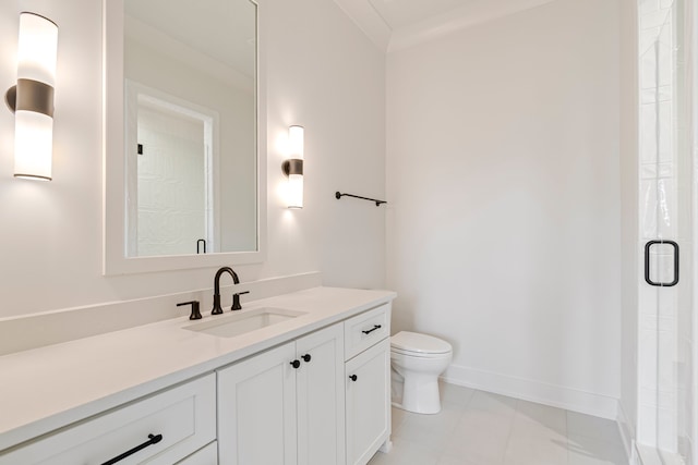 bathroom featuring vanity, an enclosed shower, crown molding, and toilet