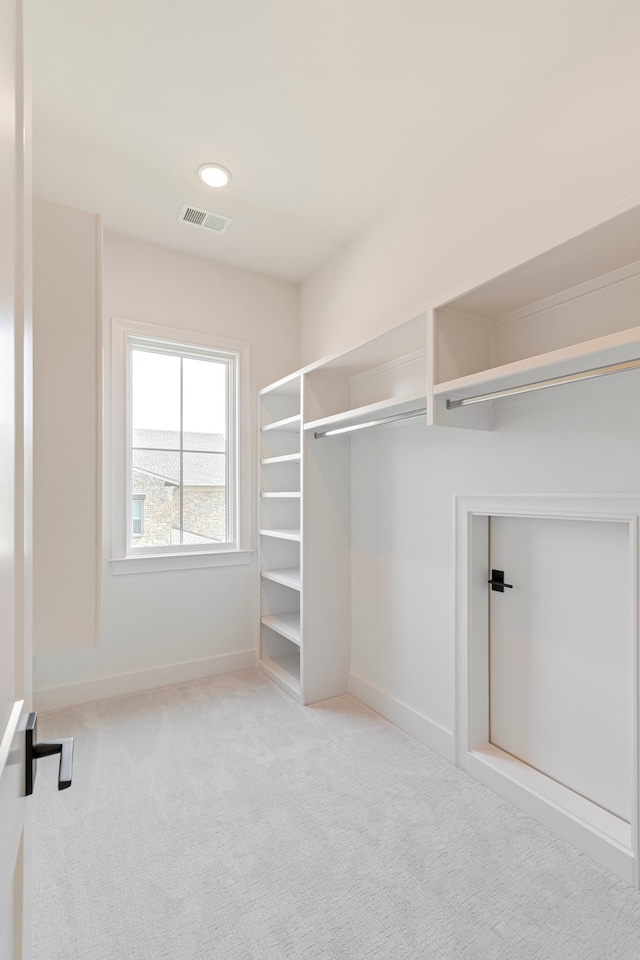 spacious closet with light colored carpet