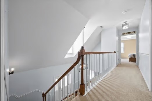 corridor featuring vaulted ceiling with skylight, a healthy amount of sunlight, and light colored carpet