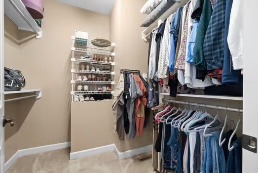 walk in closet with light colored carpet