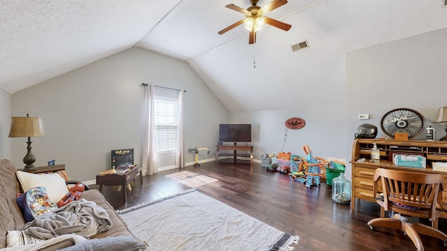 bedroom featuring vaulted ceiling, ceiling fan, a textured ceiling, and dark hardwood / wood-style flooring