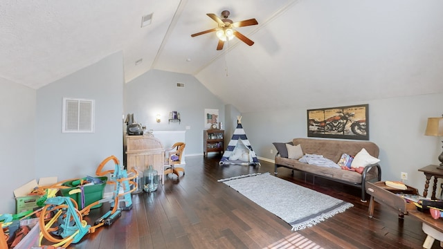 living room featuring dark wood-type flooring, ceiling fan, and lofted ceiling