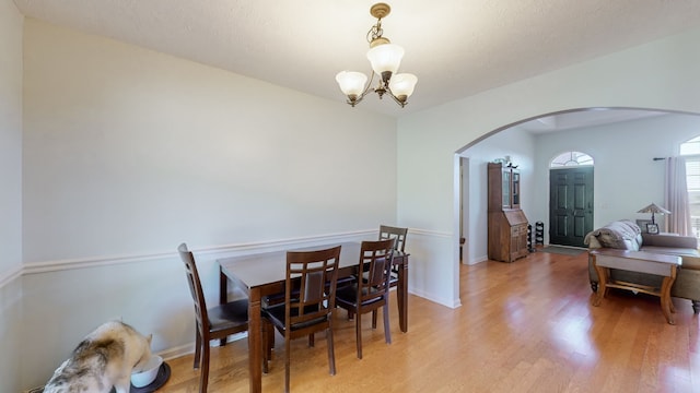 dining space with a notable chandelier and light hardwood / wood-style flooring