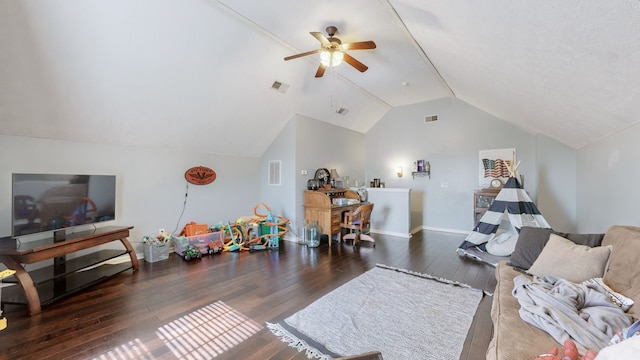 living room featuring ceiling fan, lofted ceiling, and dark hardwood / wood-style flooring