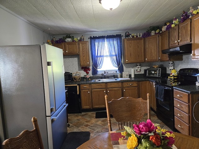 kitchen featuring sink, ornamental molding, black / electric stove, extractor fan, and white refrigerator