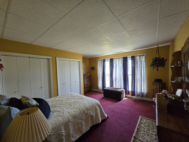 bedroom with a drop ceiling, multiple closets, and carpet flooring