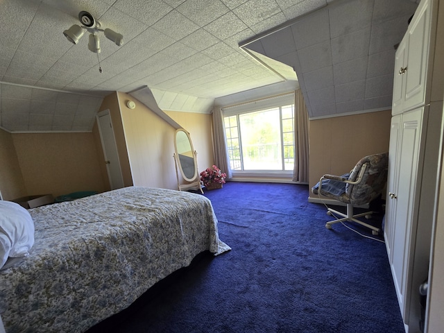 carpeted bedroom with lofted ceiling and ceiling fan