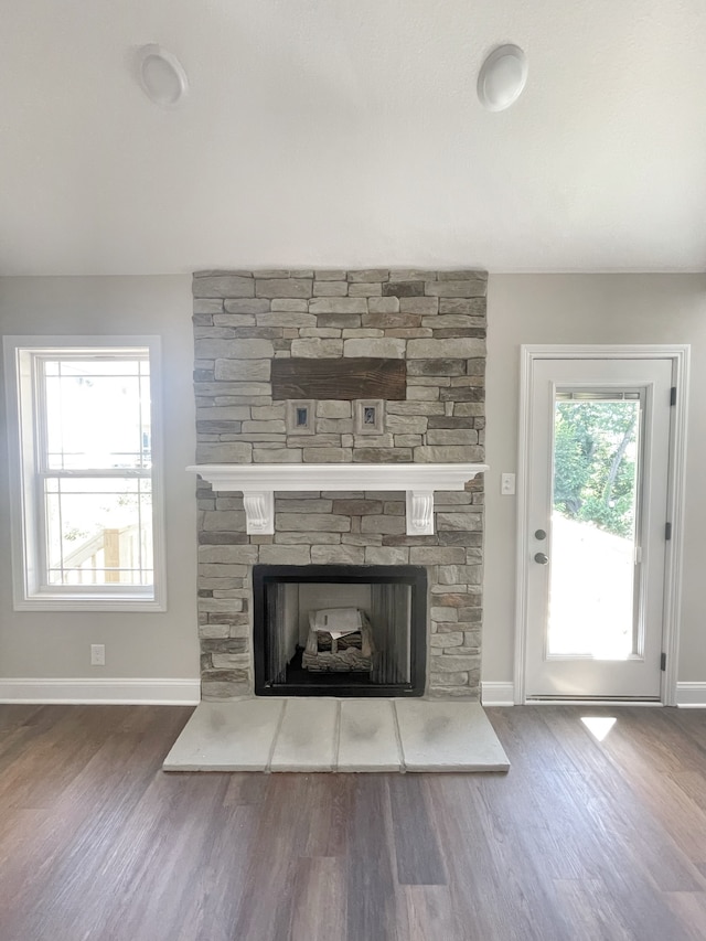 room details with a fireplace and wood-type flooring