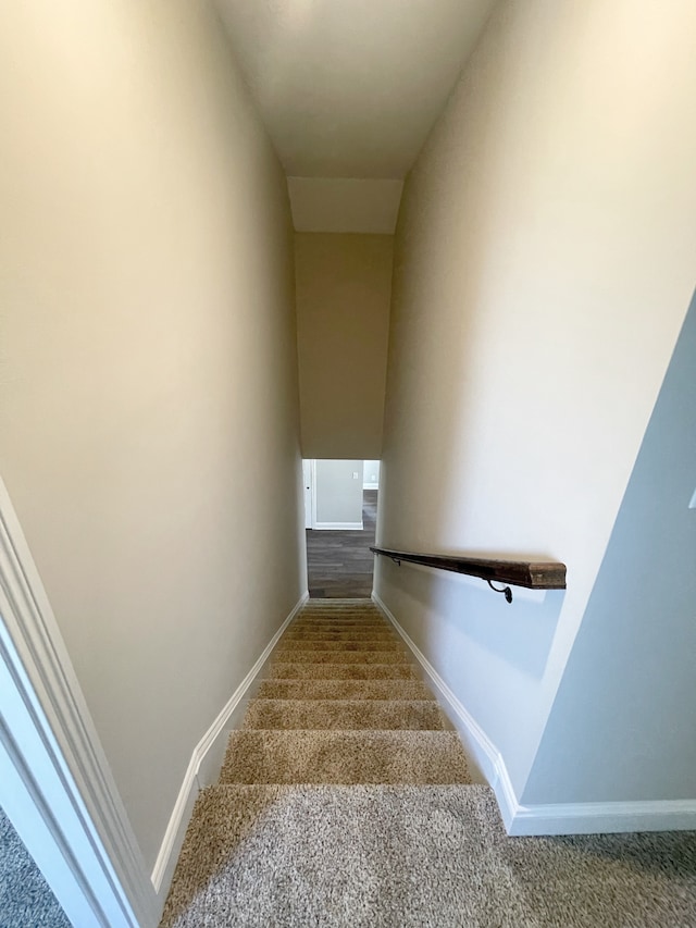 staircase with lofted ceiling and carpet floors